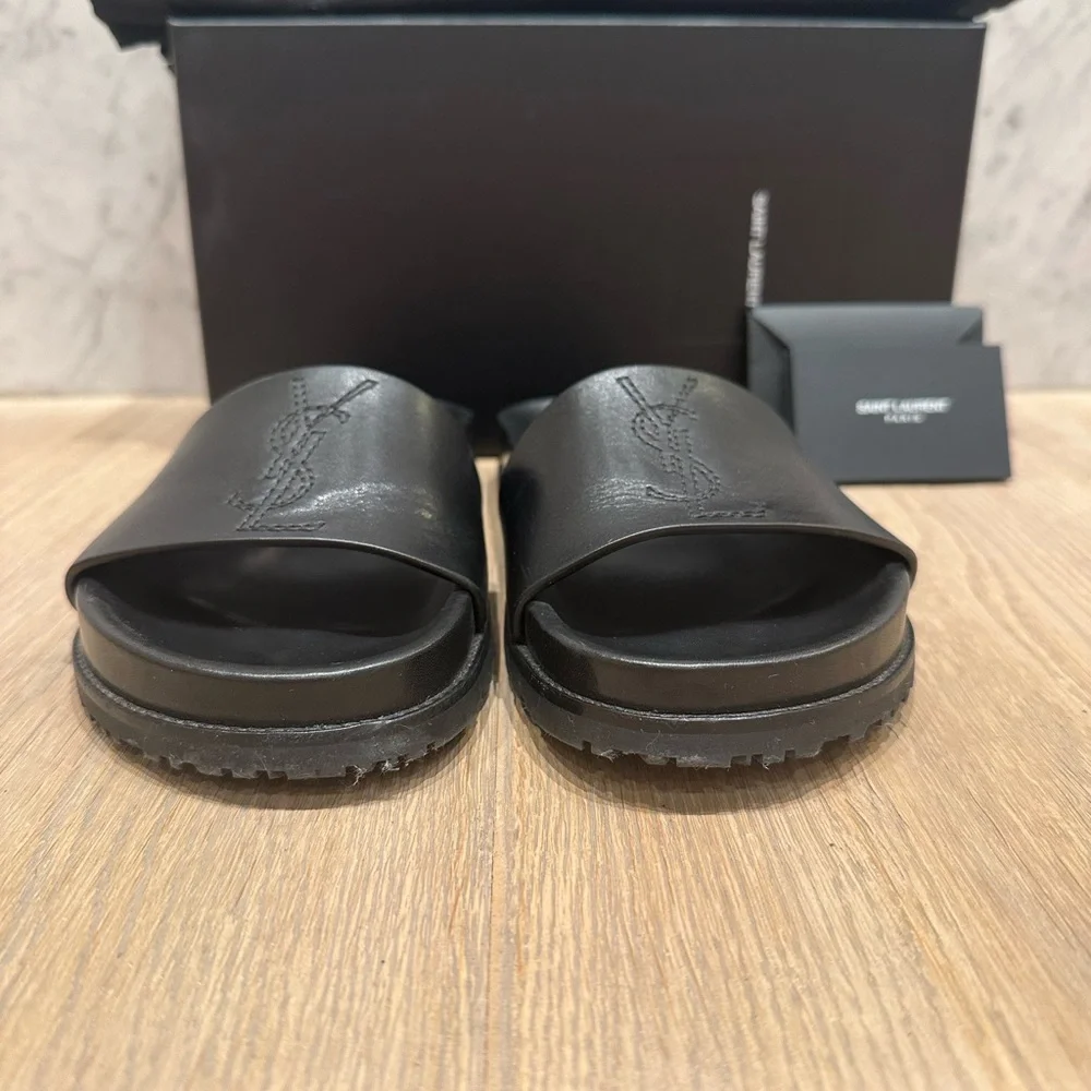 Saint Laurent Maine Liscio Black Leather Slide Sandals - Picture 3 of 12